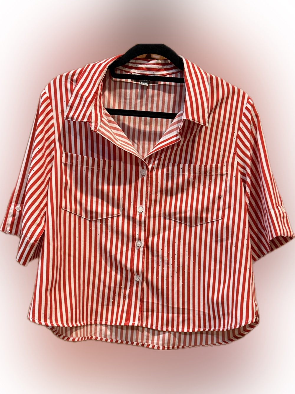 Rylee Moon Red White Striped Rhinestone Button Front Blouse Preppy Top size M